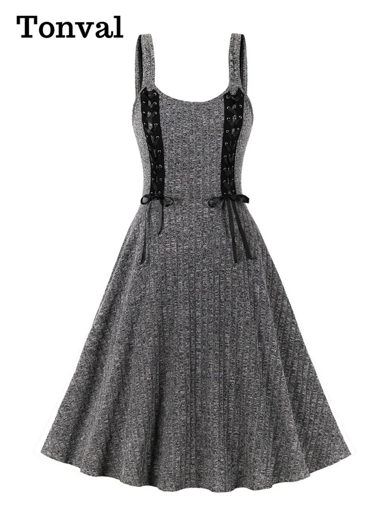 

Tonval Grey Knitted Tank Dress Women Fall Clothes O-Neck Lace-Up Front Vintage Fit and Flare Party Ladies Swing Dresses 2024