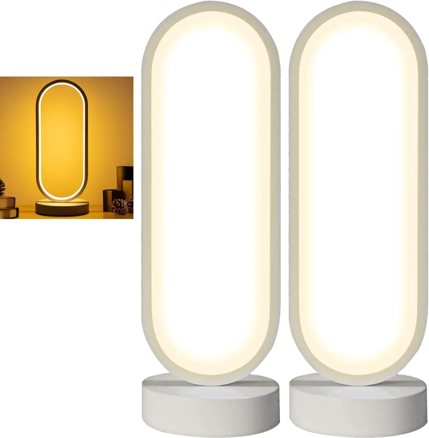 2PACK LED Oval Nightstand Light, Modern Bedside Table Lamp, Rechargeable Desk Lamp, 3 Color Temperatures and 10 Brightness Level