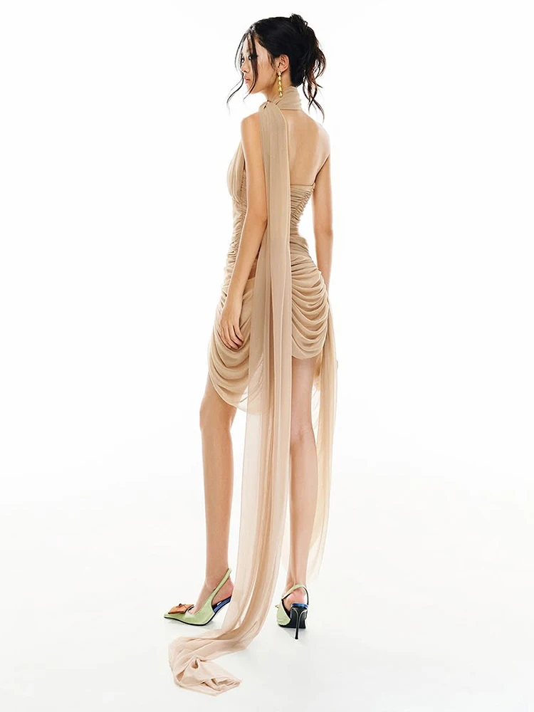 Nibber Birthday Party Dress Women Mesh Scarf Halter Y2K Double-Layer Ruched Irregular Sexy Elegant Peach Hip Clubear Bodycon