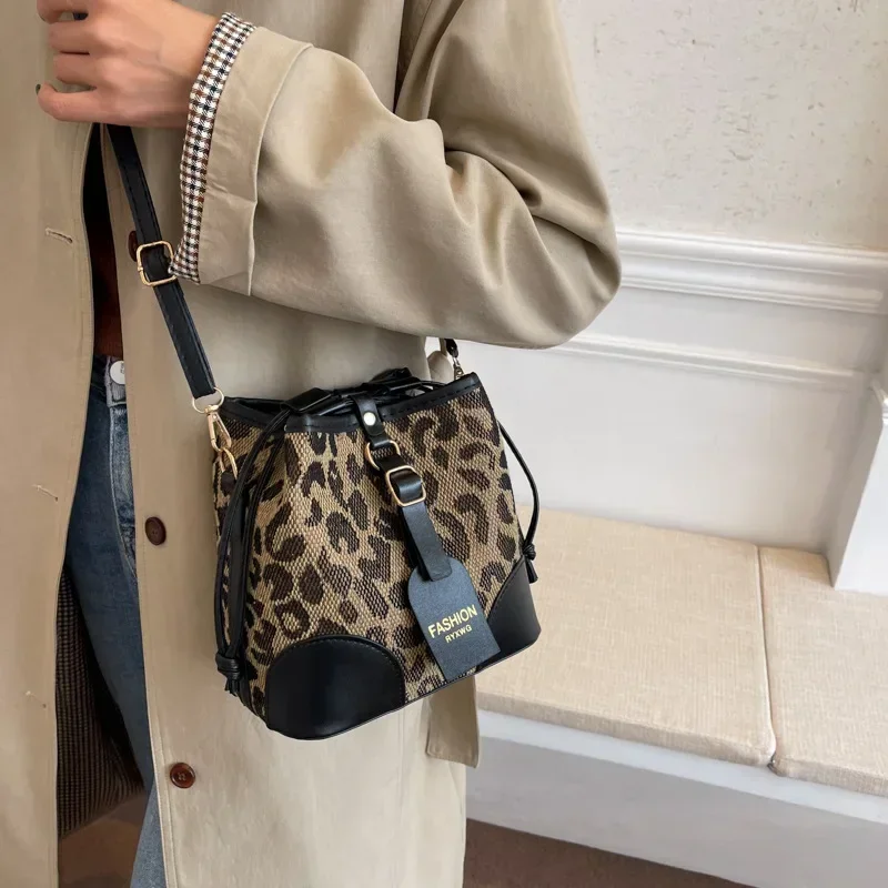Leopard Small PU Leather Women Bucket Crossbody Bags 2025 Fall