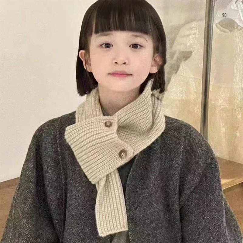 Children's Scarf Button Versatile Fashion Street Warm Woolen Neck Scarf Korean Cross Over For Children And Students