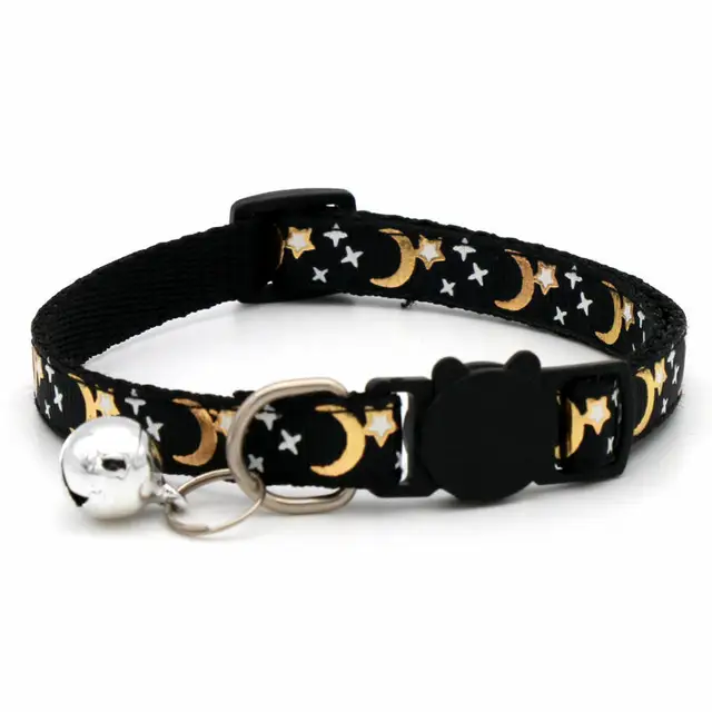 Gold Stars and Moon Cat Collar with Reflective Safety Buckle and Bell Adjustable Cats And Small Dogs Collars Gold Stars and Moon Cat Collar with Reflective Safety Buckle and Bell Adjustable Cats And Small Dogs Collars