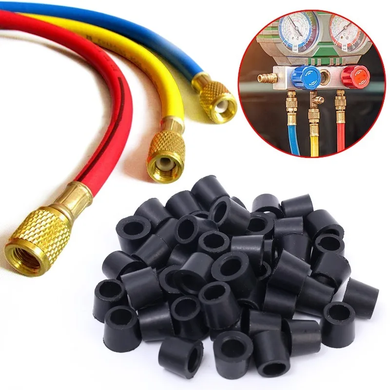 Black Air Conditioning 200/50pcs 1/4'' Charging Hose 1/4'' Valve Gasket Manifold Repair Seal Kit Replacement Car Acc