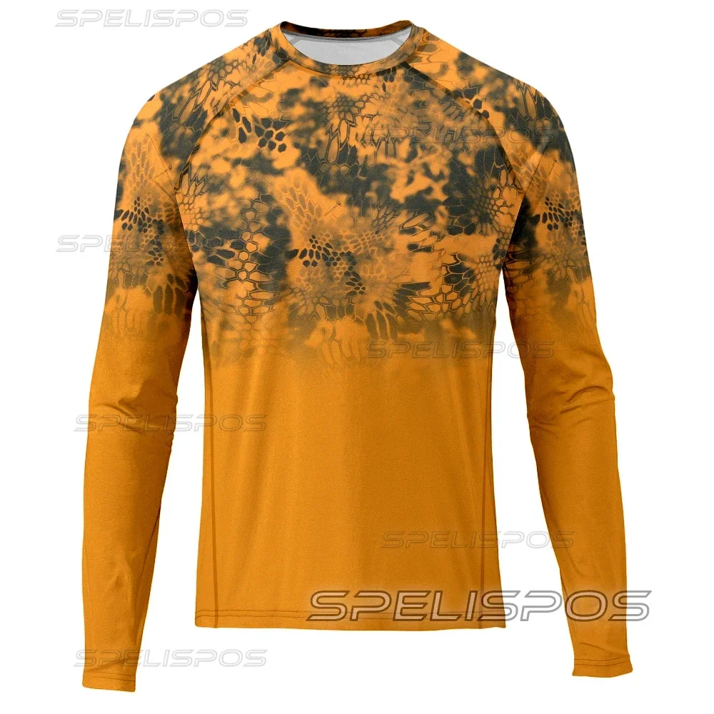 SPELISPOS Men Round Neck Fishing Jersey Hiking Tops Breathable UPF 50+ Print Long Sleeve Fishing Shirt Performance Angling