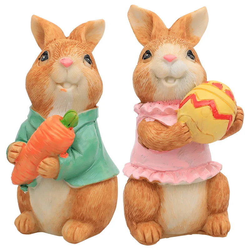 2pcs Easter Bunny Resin Crafts Rabbit Doll Decor Desktop Decoration Rabbit Hug Carrot Figurine Easter Party Decoration Gift