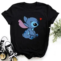 Disney Lilo Stitch Cartoon T-shirts Tops for Women Lady Summer Female T-shirts Black O-neck Ohana Stitch Hot Tees T-shirts 1