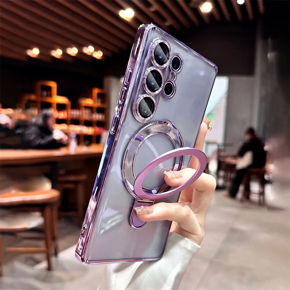 Luxury Plating Shockproof Magnetic Bracket Clear Case with Holder Stand Cover