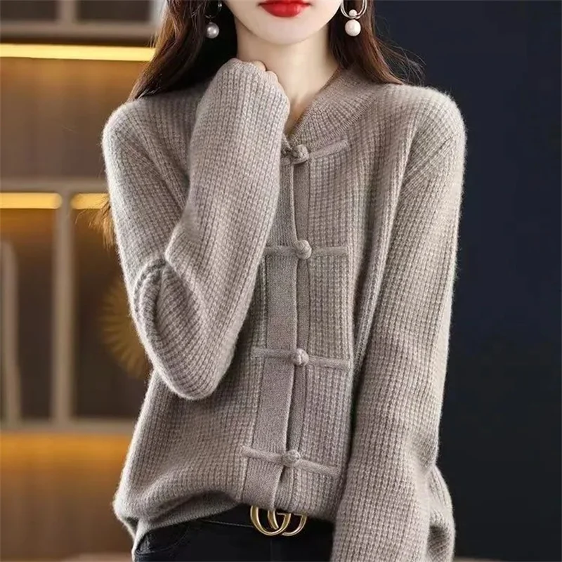 

Knitted Sweater Cardigan Women's 2023 New Autumn/winter Stand Collar Retro Buckle Loose Fitting National Style Sweater Jacket To