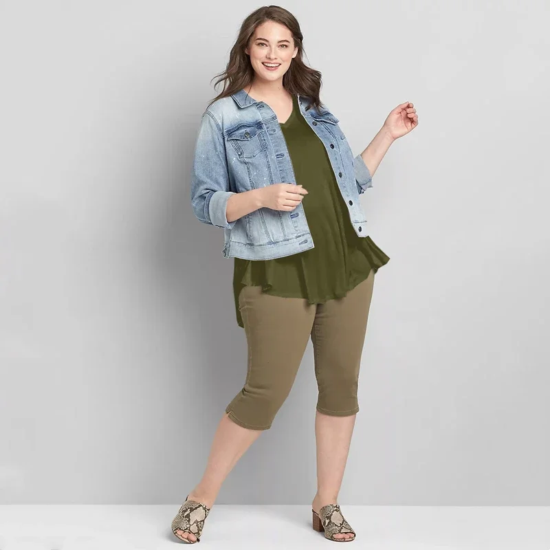 Plus Size V-neck Summer Casual Hi Low Tunic Top Women Short Sleeve Solid Army Green Loose Fit Flare Basic Swing Blouse And Top