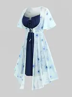 ROSEGAL Plus Size Flutter Sleeves Floral Dress and Lace-up A Line Cami Dress Set - Image 2