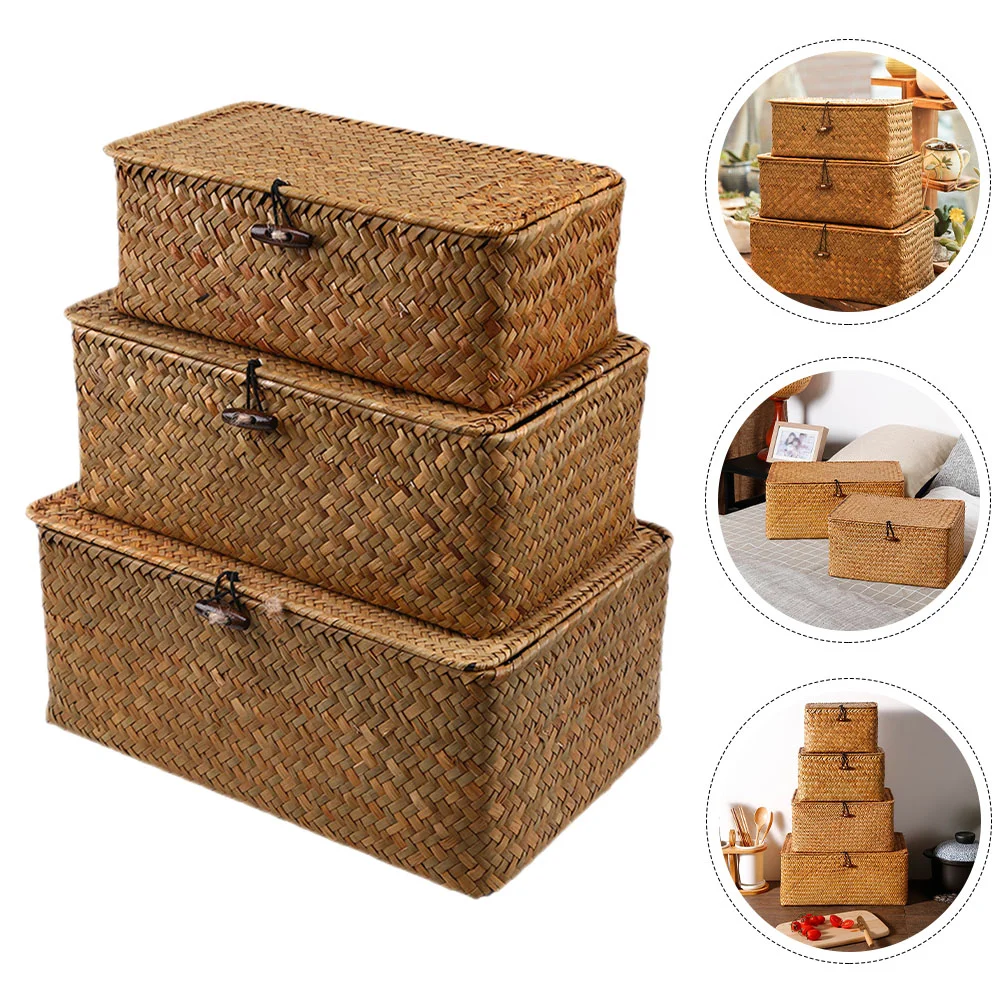 

Woven Basket Lid Seagrass Storage Baskets Rectangular Rattan Box Stackable Storage Boxes Makeup Organizer Container
