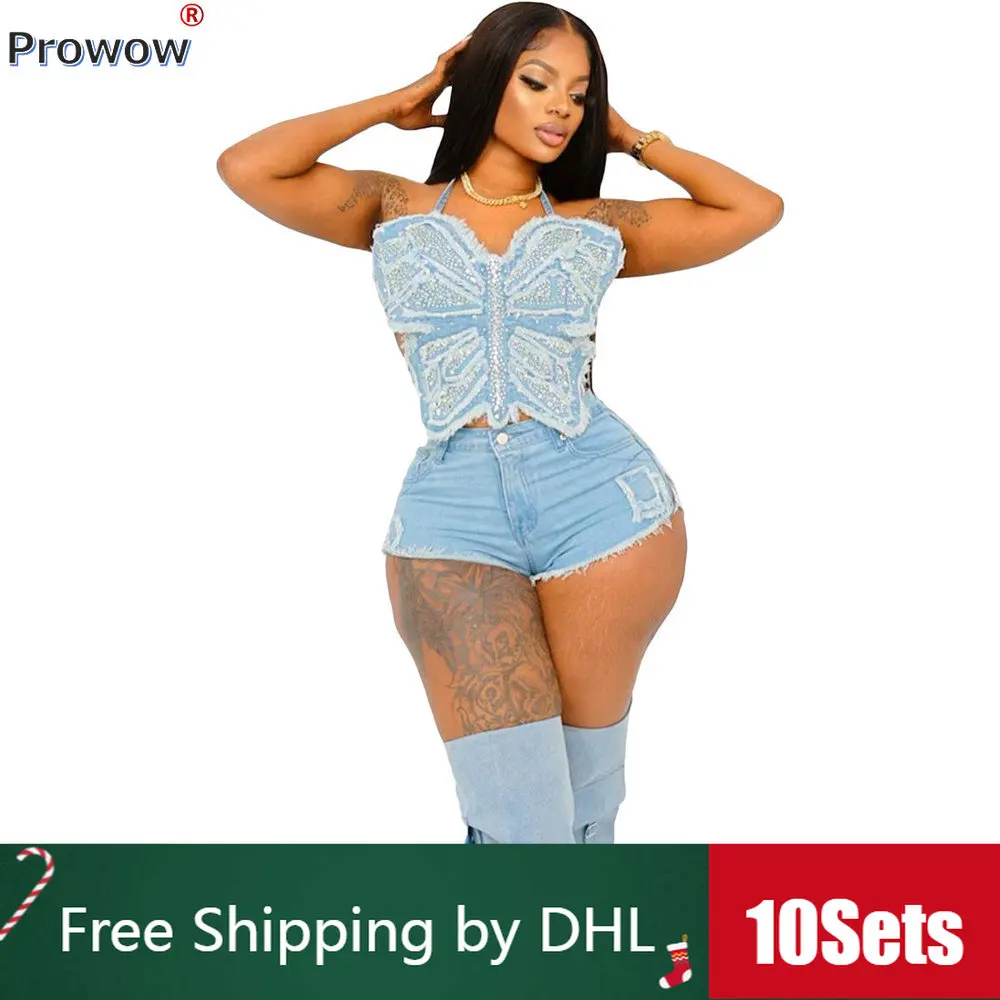 

10Sets Bulk Vintage Denim Tracksuit Summer Y2k Sexy 2 Piece Women Outfits Rhinestone Butterfly Lace-up Top Shorts Wholesale 9814