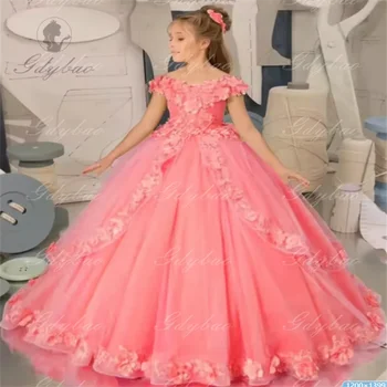 Pink Flower Girl Dress V Neck Tailing Fluffy Mesh Flower Girl Dress For Birthday Prom Party Custom Princess Clothing 1