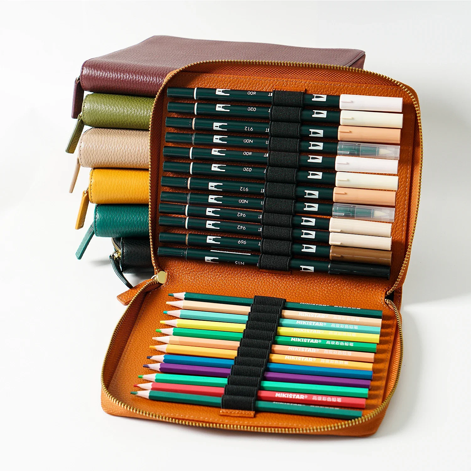 ジッパー付き本革ペンケース,24本のスロット付きペンケース,デュアル