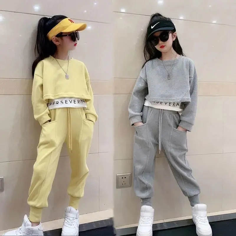 

Teenager Gray Girls Sport Suit Teenager Spring Clothes Long Sleeve Top Hoodied Pants Casual 6 7 8 9 10 11 12 Years Child 2024