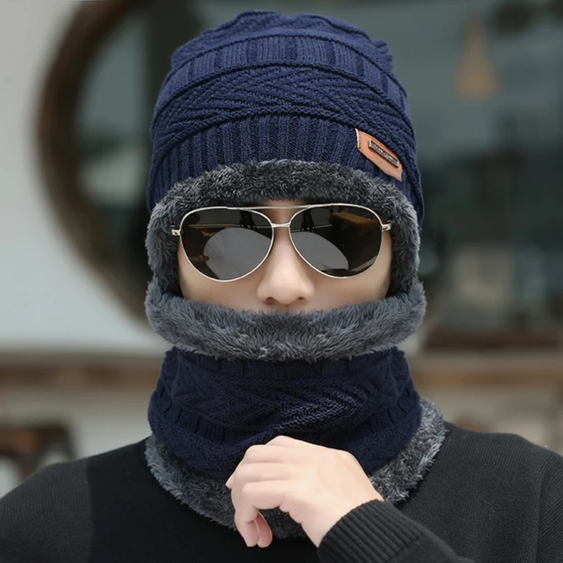 Winter Beanie Hat Men Knitted Hat Winter Cap Beanie Children Thick Wool Neck Scarf Cap Balaclava Mask Bonnet Hats Set