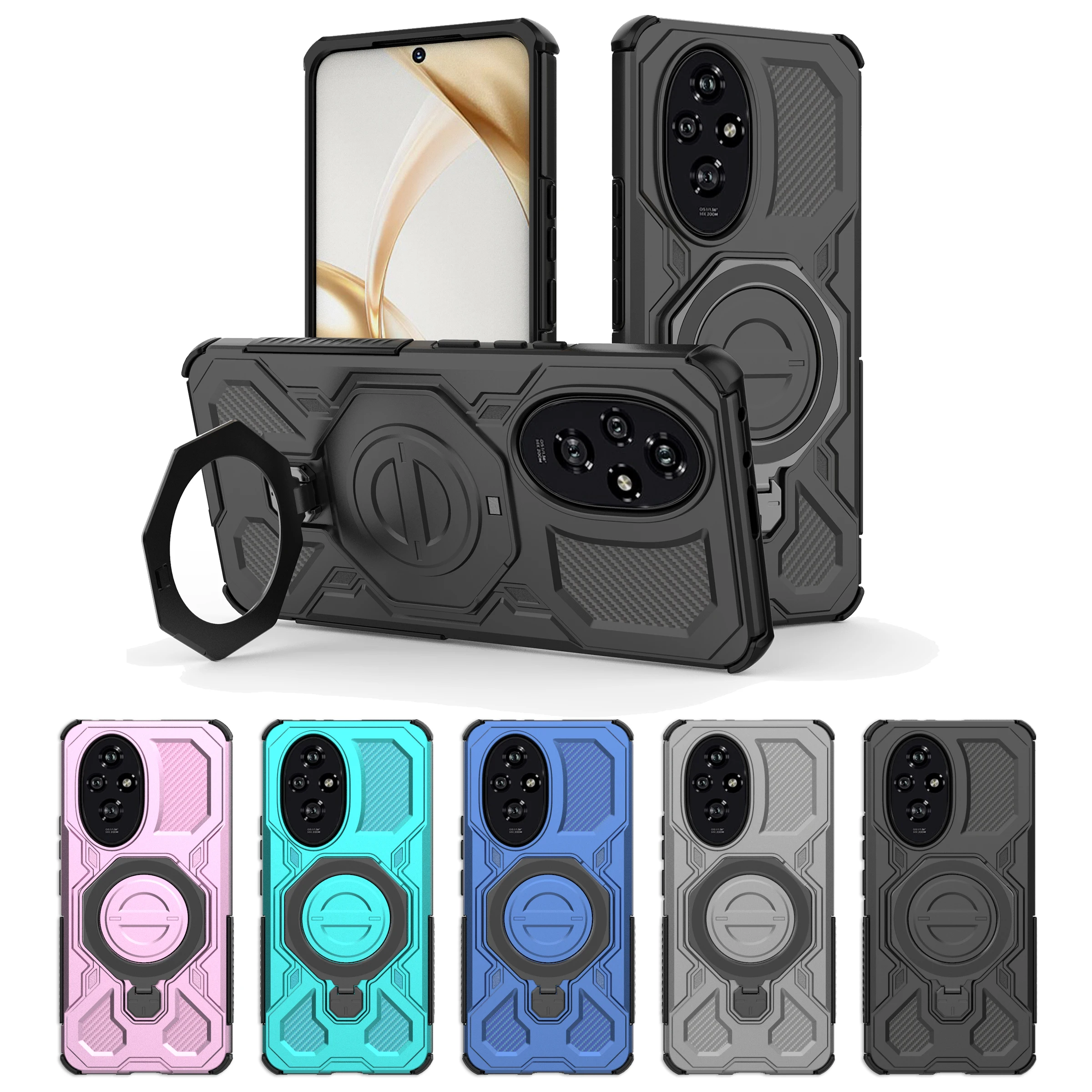Magnetic Wireless Charging Phone Case with Ring Holder Kickstand - Carbon Fiber Soft Cover