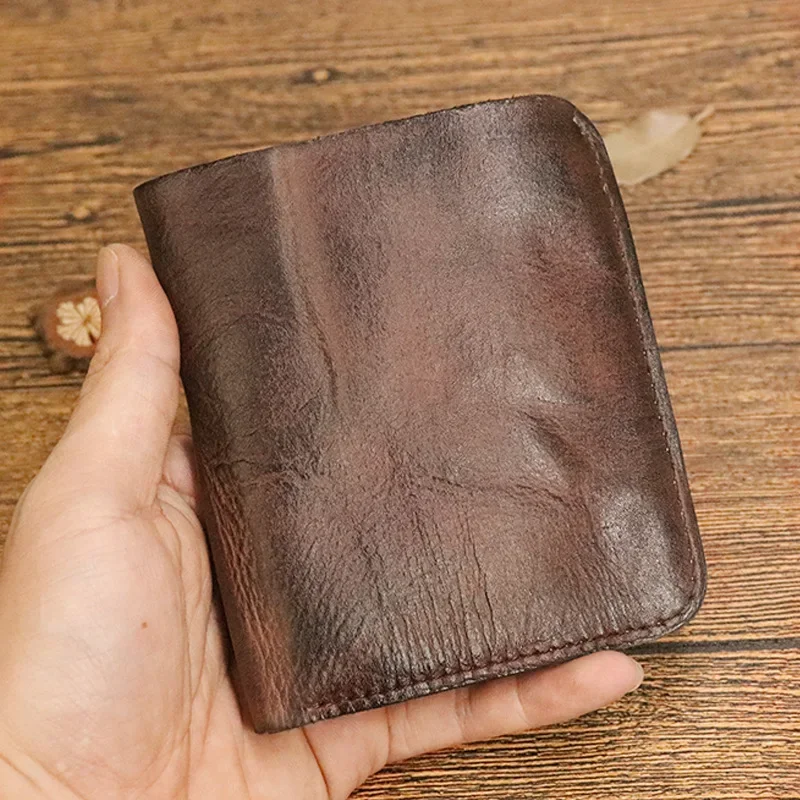 

Original pure leather wallet, vegetable tanned leather wallet, retro handmade color wiping, distressed multi card zipper wallet