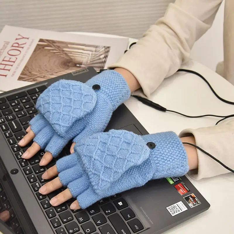 

Winter Half-finger Double-sided USB Heating Gloves Lip Cover Wool Warmth Fingerless Mittens 5V Skiing Fishing Heated Glove