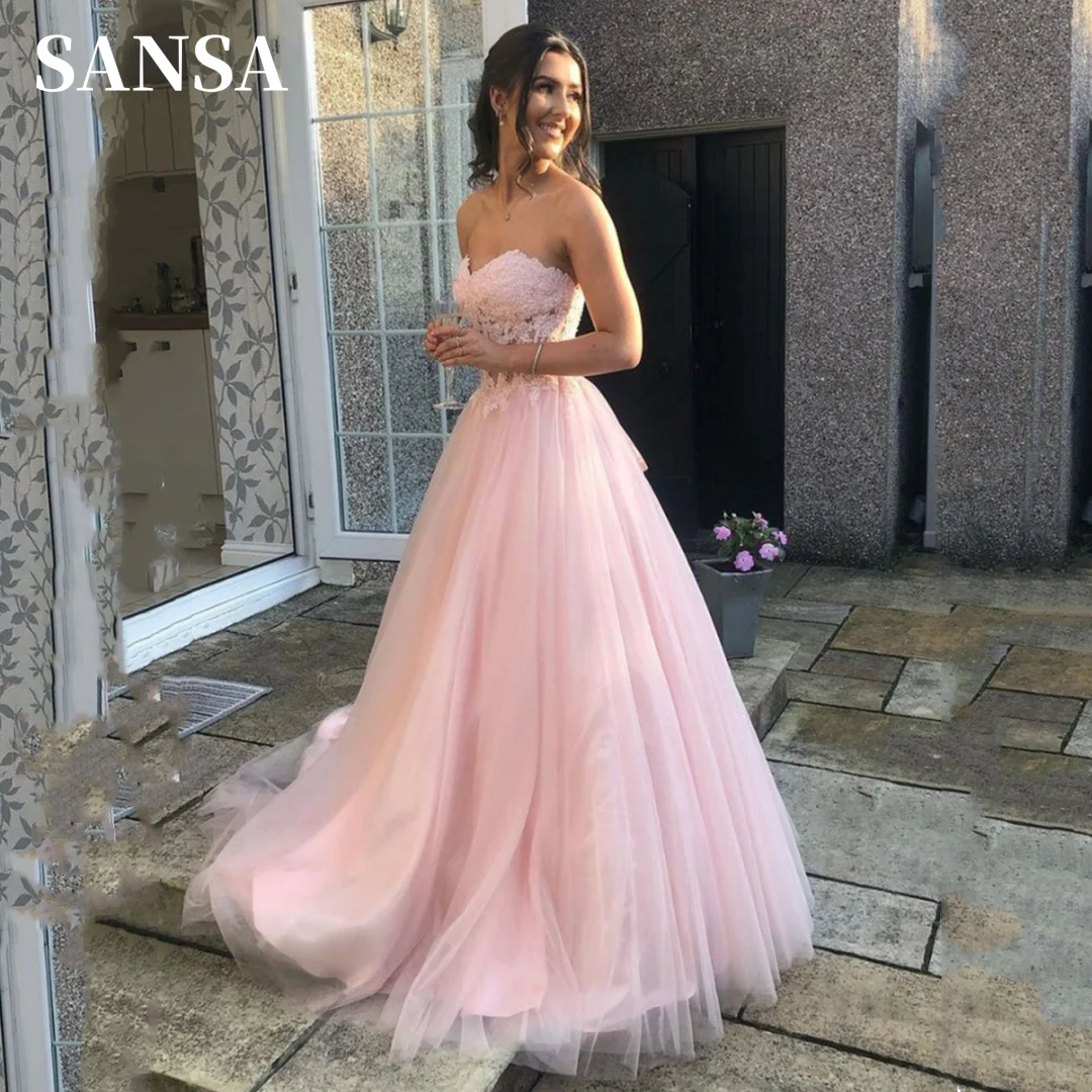 

Sansa Baby Pink Prom Dress Elegant Strapless A-line Vestidos De Noche Lace Embroid On Chest فساتين سهره فاخره 2023