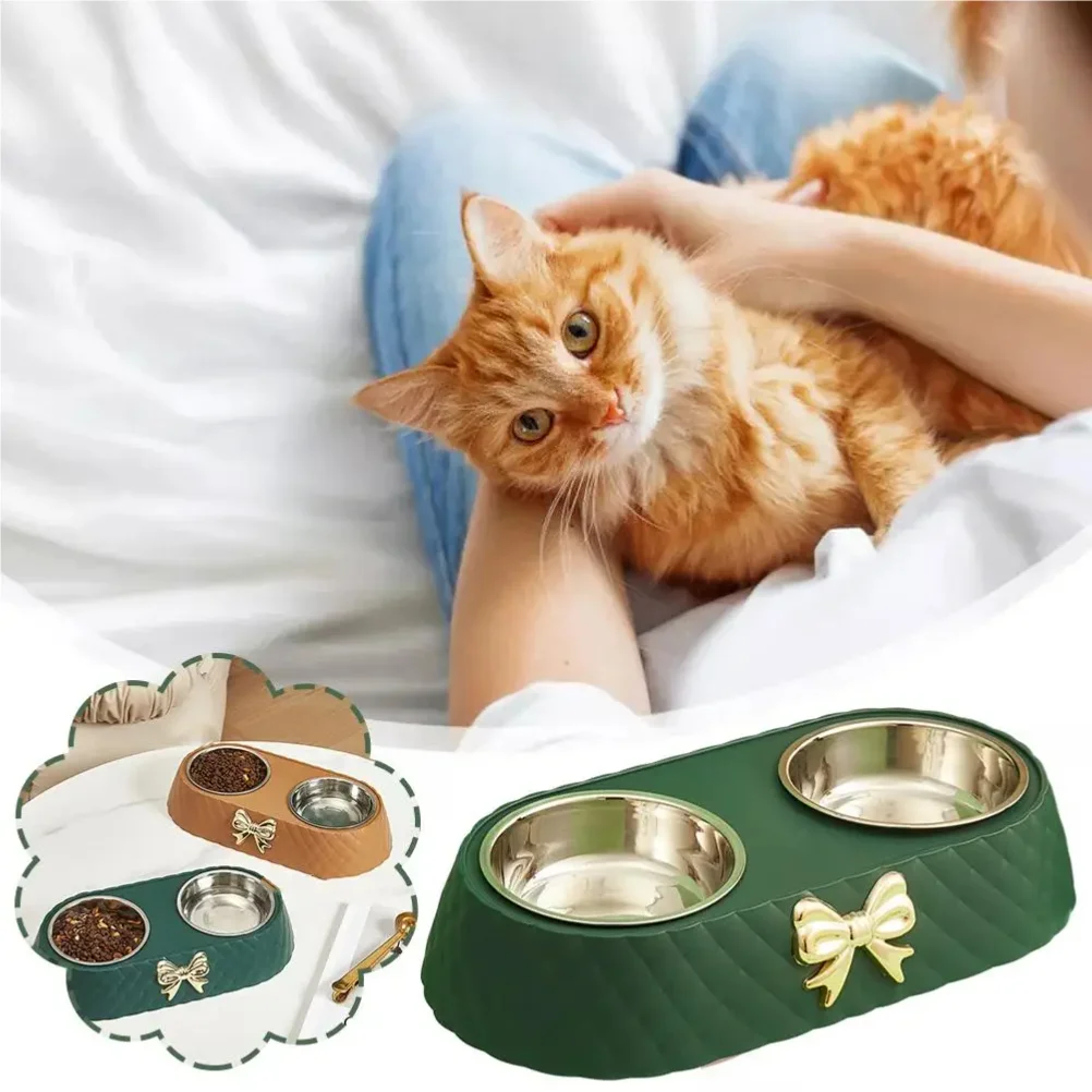 1Set Steel Double Dog Bowl Non-slip Bow Anti Spill Pet Bowl Sturdy Rust-resistant Pet Basin Feeder 2