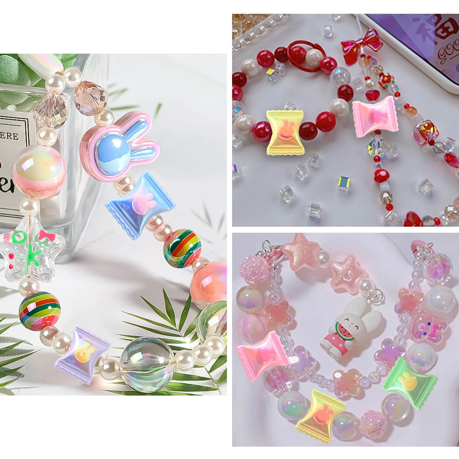 PandaHall 50Pcs Random Color Acrylic Candy with Rabbit Pattern Beads Sweet Food Sugar Candy Spacer Beads for Jewelry DIY Making