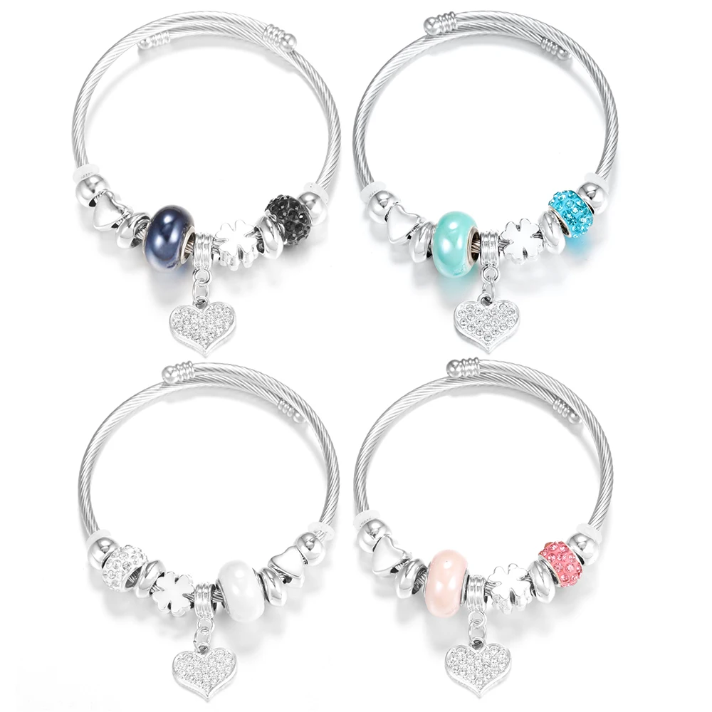 Heart-Shaped Rhinestone Stainless Steel Beaded Bracelet Women Glamorous Crystal 4 Colors Closure Adjustable Bangles Jewelry Gift bangle bracelet stainless steel bracelet beaded bracelet crystal bracelets bead bracelet