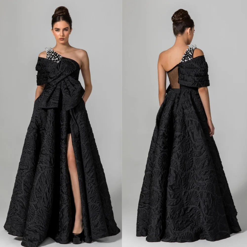 

Lace Pearl Beading Ruched Celebrity A-line One-shoulder Bespoke Occasion Gown Long Dresses