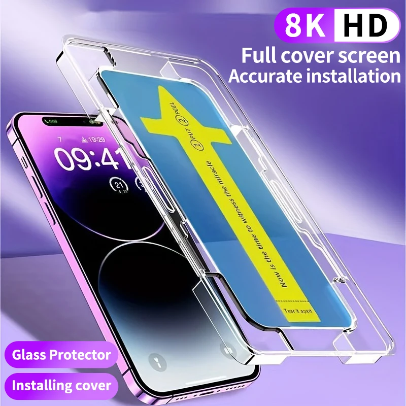 

8K Premium Tempered Glass Screen Protectors For IPhone 15 14 13 12 11 Pro Max XS X XR 15 Plus With Alignment Mounting Cover