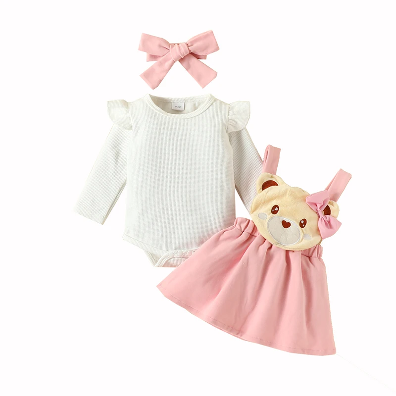 

Newborn Baby Girl Clothing Solid Color Small Fly Sleeve Long Onesie Top Cartoon Bear Bow Halter Dress Set 0-18 Months Outfits