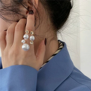 French Simple Multilayer Imitation Pearl Metal Rings for Women Shiny Zircon Crystal Party Wedding Jewelry Accessories Women Gift