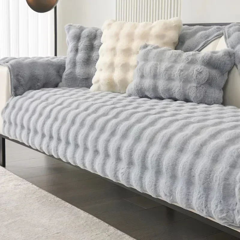 Thick Rabbit Plush Chaise Longue Anti Slip Sofa Mat 4seasons Universal Anti Slip Couch Cover L-shaped Sofa Slipcover Living Room 4
