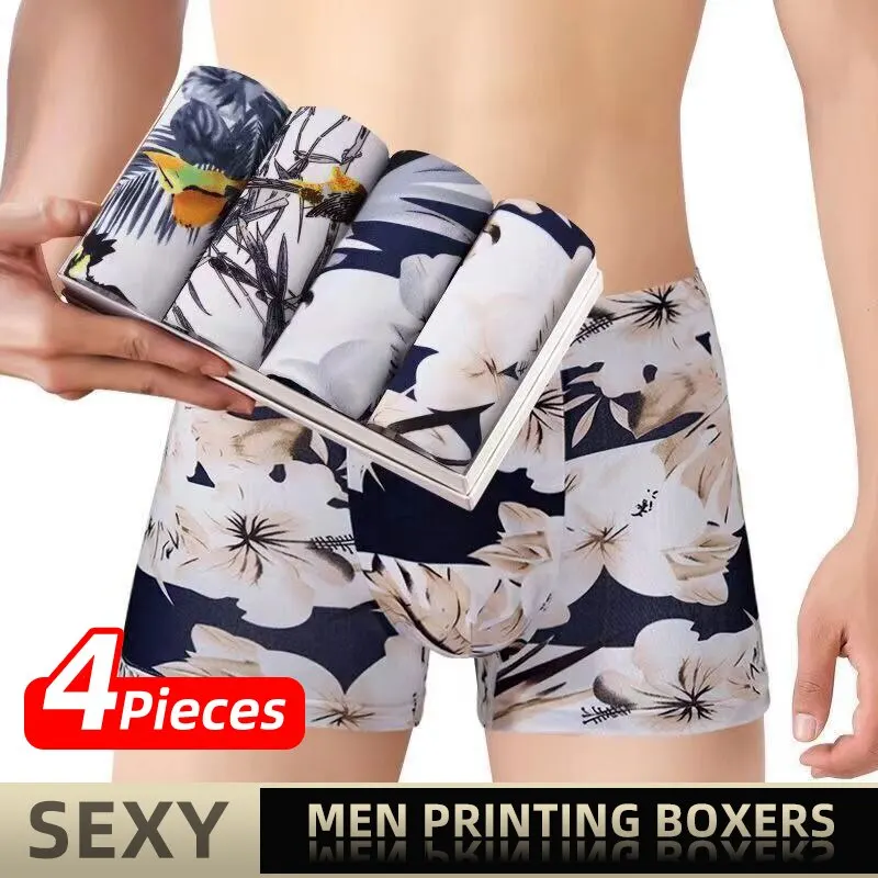 Men Printing Boxer Shorts Underpants Underwear XXL 3XL 4XL 4 Colors Mixing Sexy Soft Breathable Fashion Sports Casual 4 Pieces