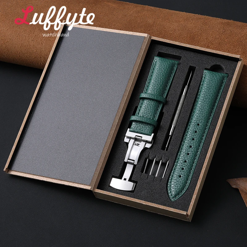 Elegant Lychee Leather Watch Band with Butterfly Buckle - Includes Gift Box