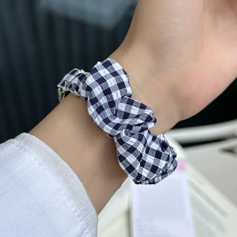 Plaid Fabric Scrunchie Watchband Strap - Blue Sporty & Dressy Bracelet