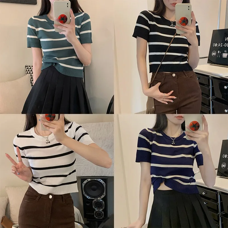 Zomer Casual Mode Gestreepte Bedrukking T-shirt Dames Korte Mouw Pullover Tops Dames Losse O-hals Tee Vrouwelijke Kleding311_voghion.com