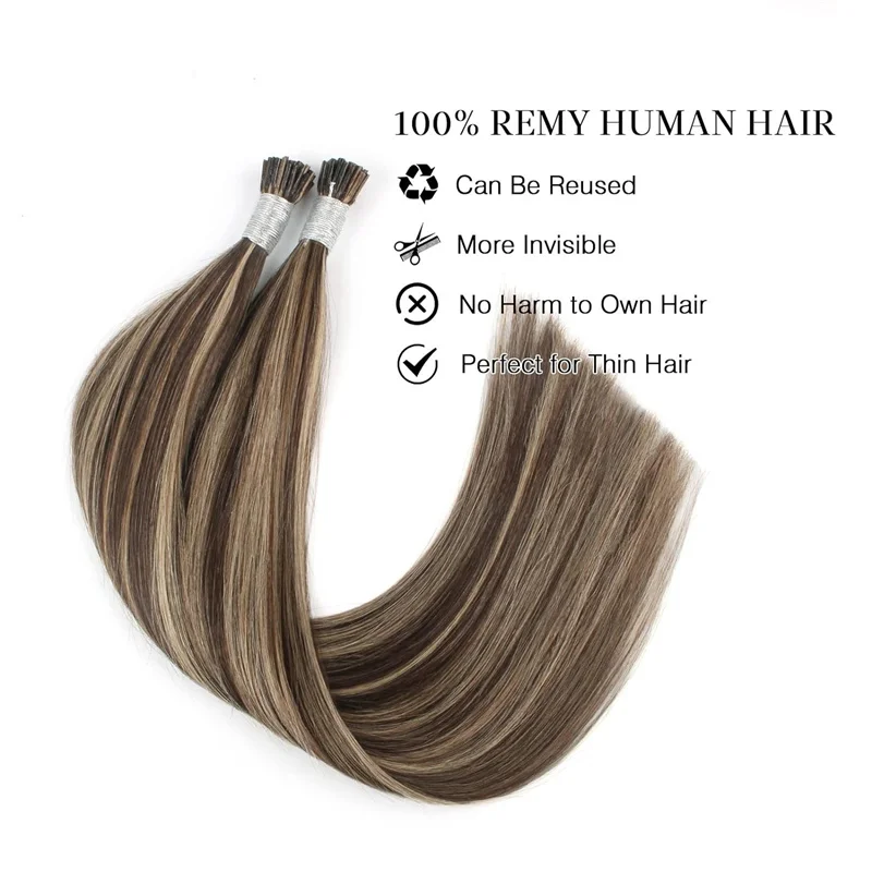 Straight I Tip Hair Extensions Human Hair Natural Extensions Keratin Capsule Brown 613 Blonde Color 18-30inch