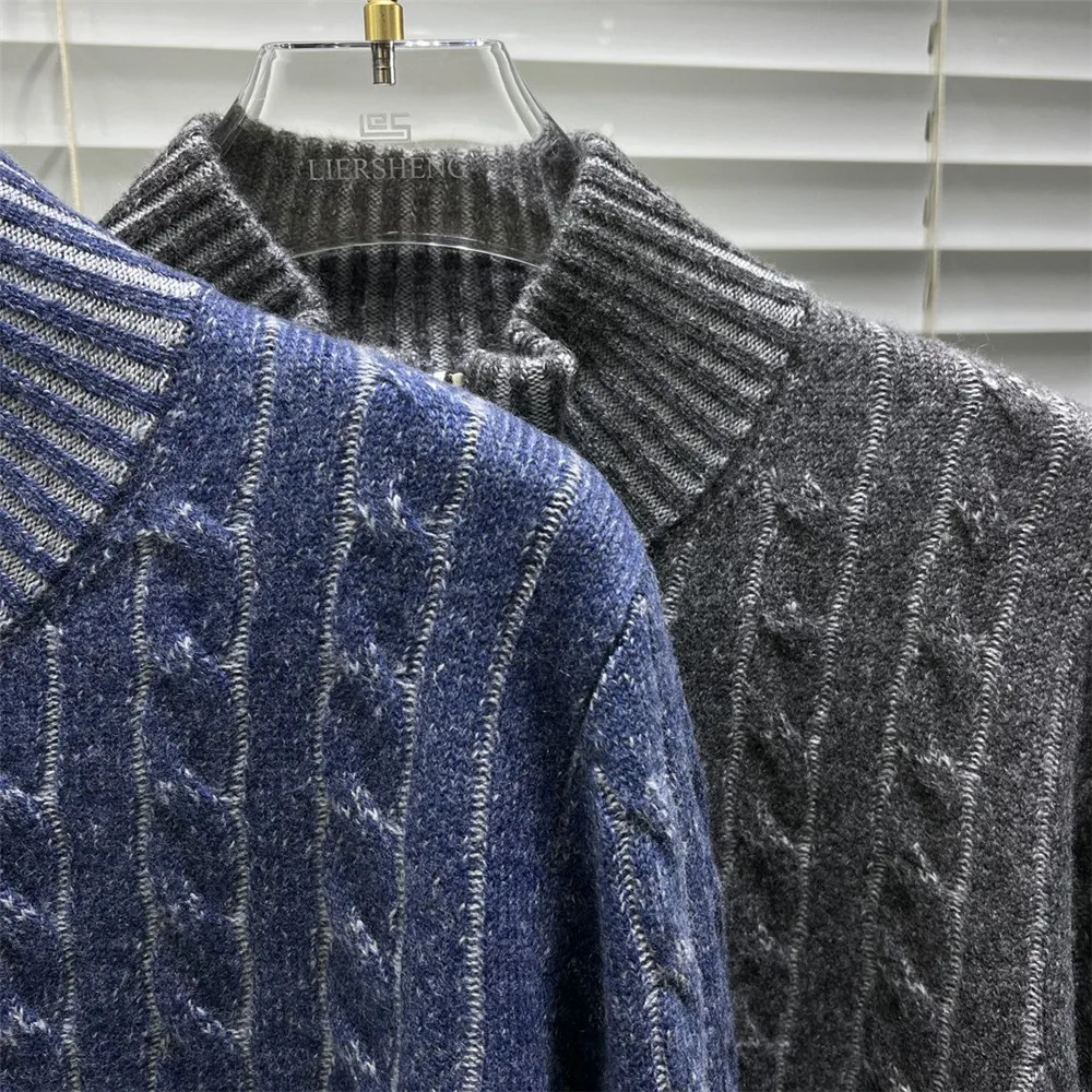 High Quality Men's Half-high Zipper Twisted Pullover Sweater Casual Loose Long-sleeved Cashmere Knitting Sweater Man 2