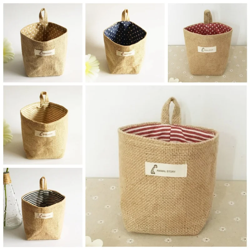 Hanging Storage Bag Cotton Linen Small Fabric Flower Pot Storage Basket Collapsible Convenient Decor for Room Wall Door Closet 1