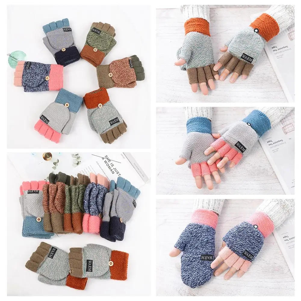 Fashion Hot Men Women Thickening Wool Gloves Half-finger Gloves Winter Warm Mittens Exposed Finger Flexible Flip Knitted Glove