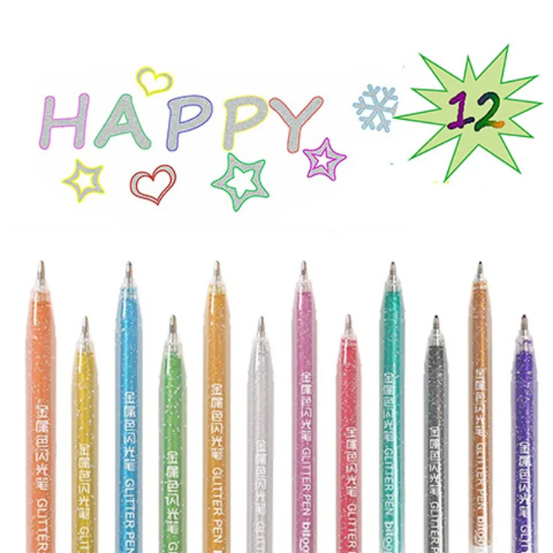 12 Kleuren/Glitter Gel Pennen 1.0Mm Kleur Gel Pen Voor Schoolkantoor Kleurboek Tijdschriften Tekenen Krabbelen Kunst Markers Promotie