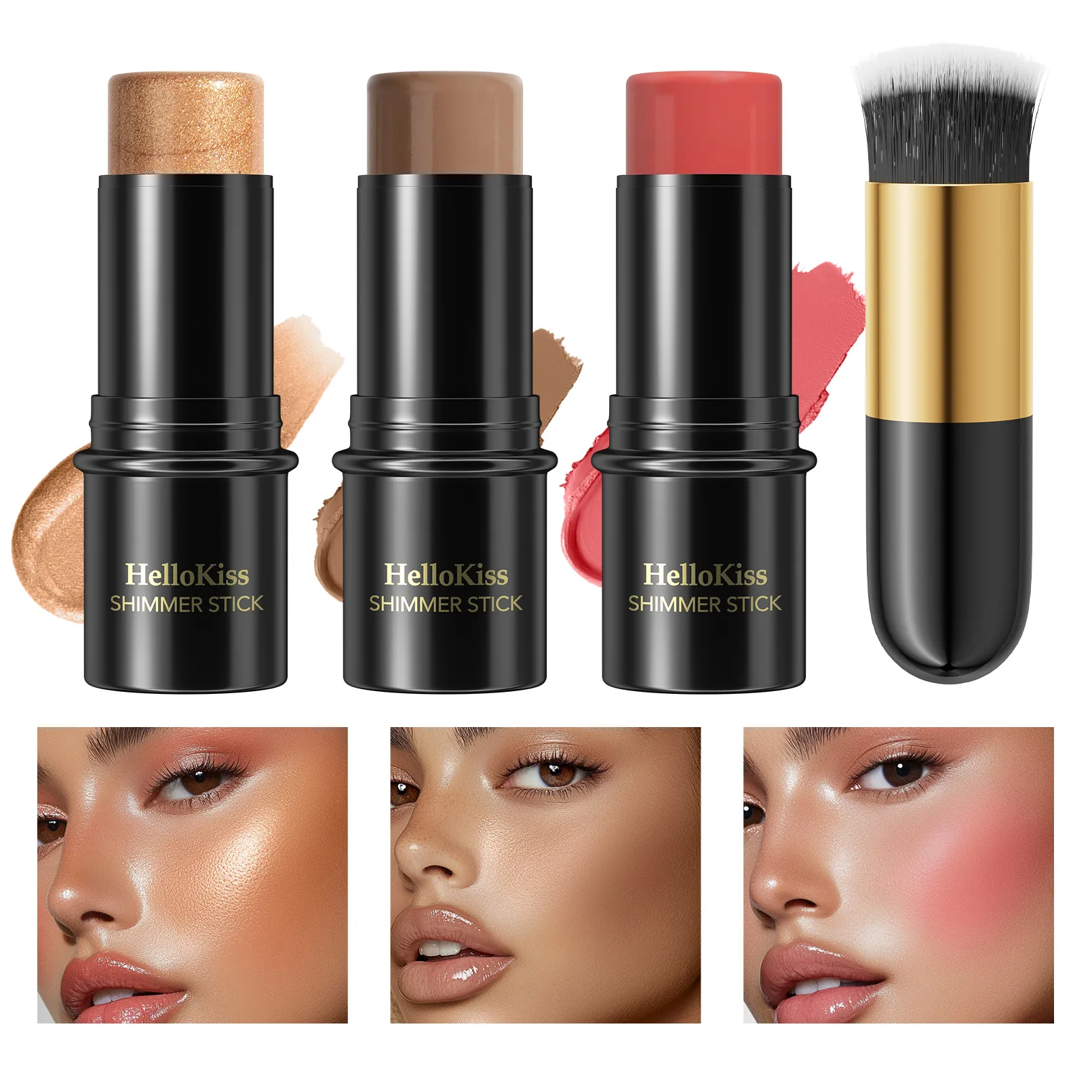 4pcs Contour Stick Highlighter Stick Blush Stick Cream Contour Kit with Brush Create Face Contour Non-greasy
