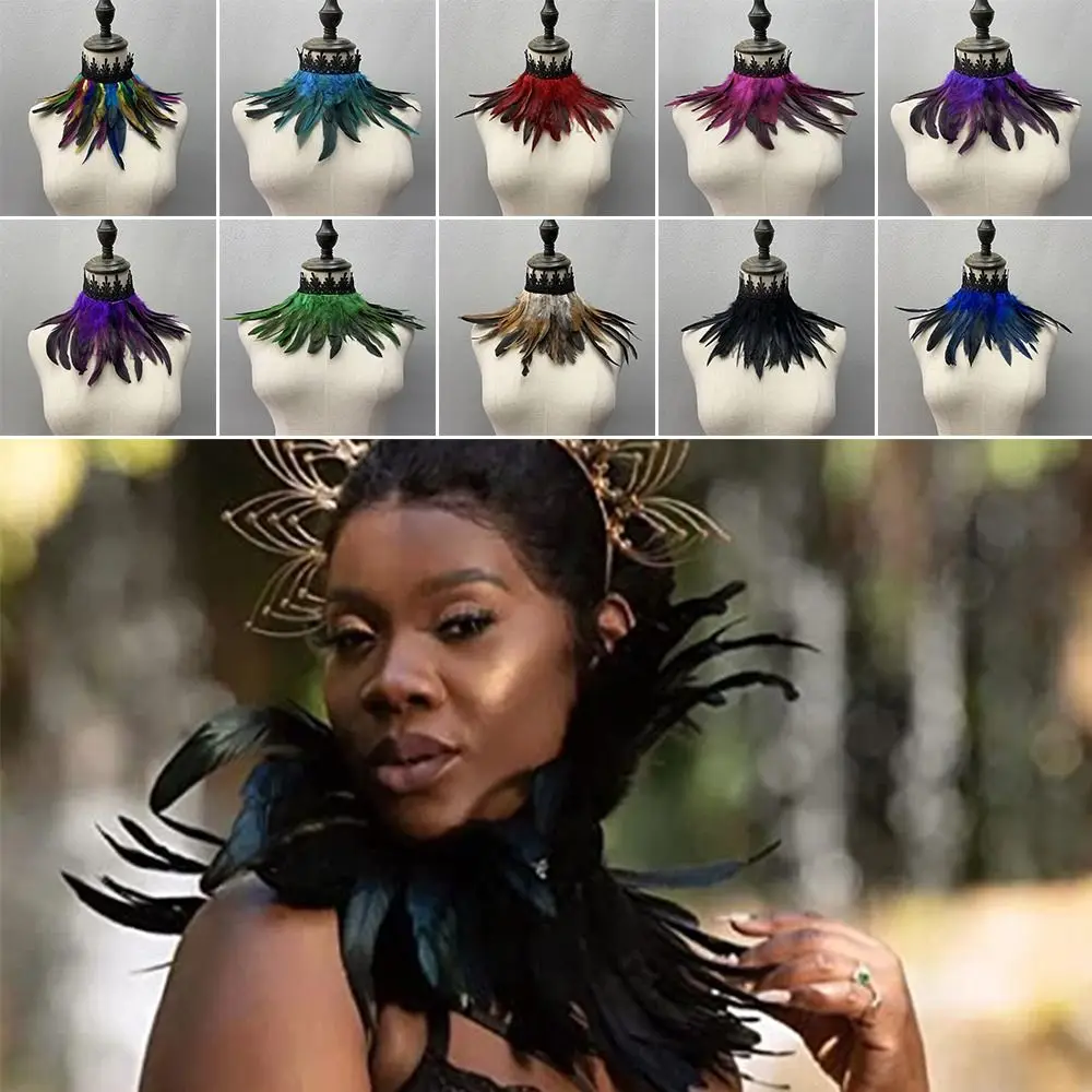 

Black Feather Choker Collar Sexy Lace Women Neck Cover Punk Cape Shawl Party Cosplay Natural Feather With Lace Fake Collar
