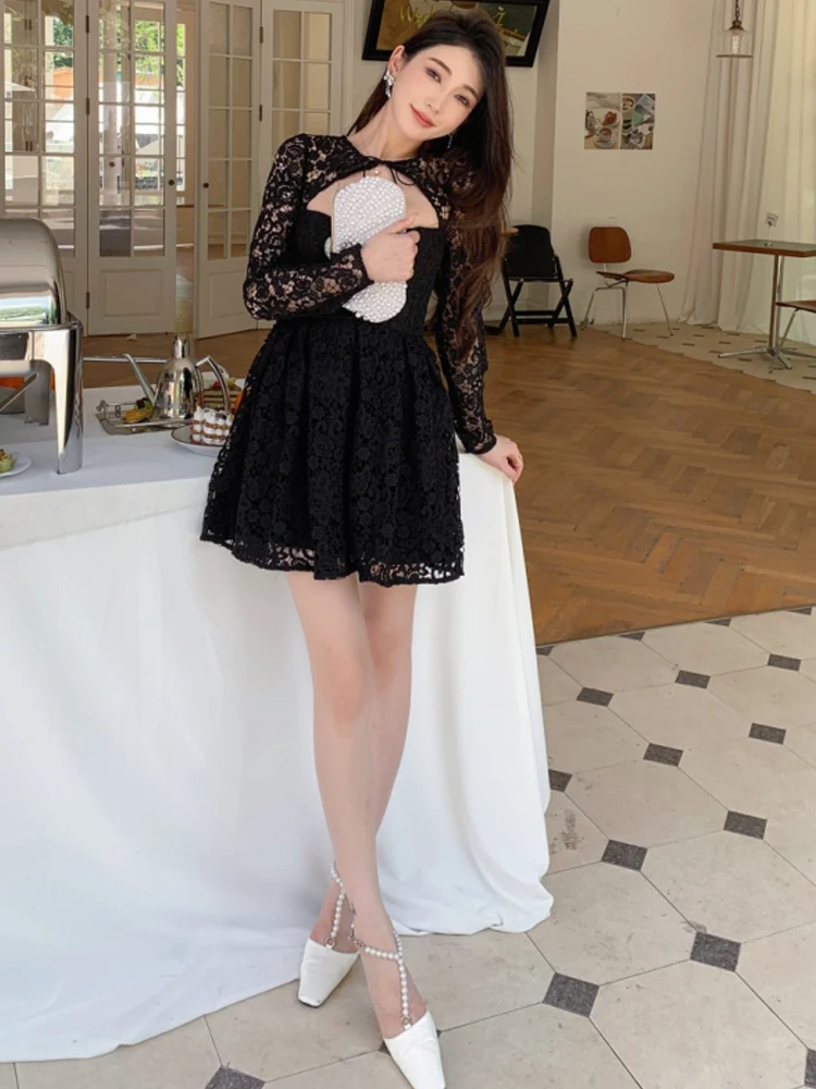 

Runway Fashion Black Lace Dress Women Autumn Hollow Out Long Sleeve Flower Embroidery Sexy Mini Party Vacation