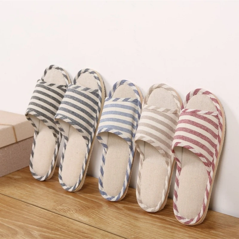 Women Cozy Flat Linen Shoes Autumn Men Indoor Home Linen Slides Four Season Floor Flip Flops Adults Comfortable Striped Sandals 3