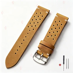 Handmade Dark Brown Vintage Racing Leather Watch Strap - Breathable and Porous Design - 22mm (Light Brown)