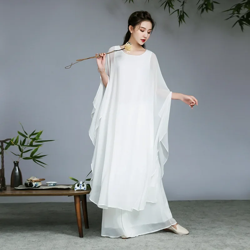 Girl Three Layers Chiffon Tea Suit Zen Suit Wide Leg Pants Set Buddhist Meditation National Style Dance Dress chinese traditional costume