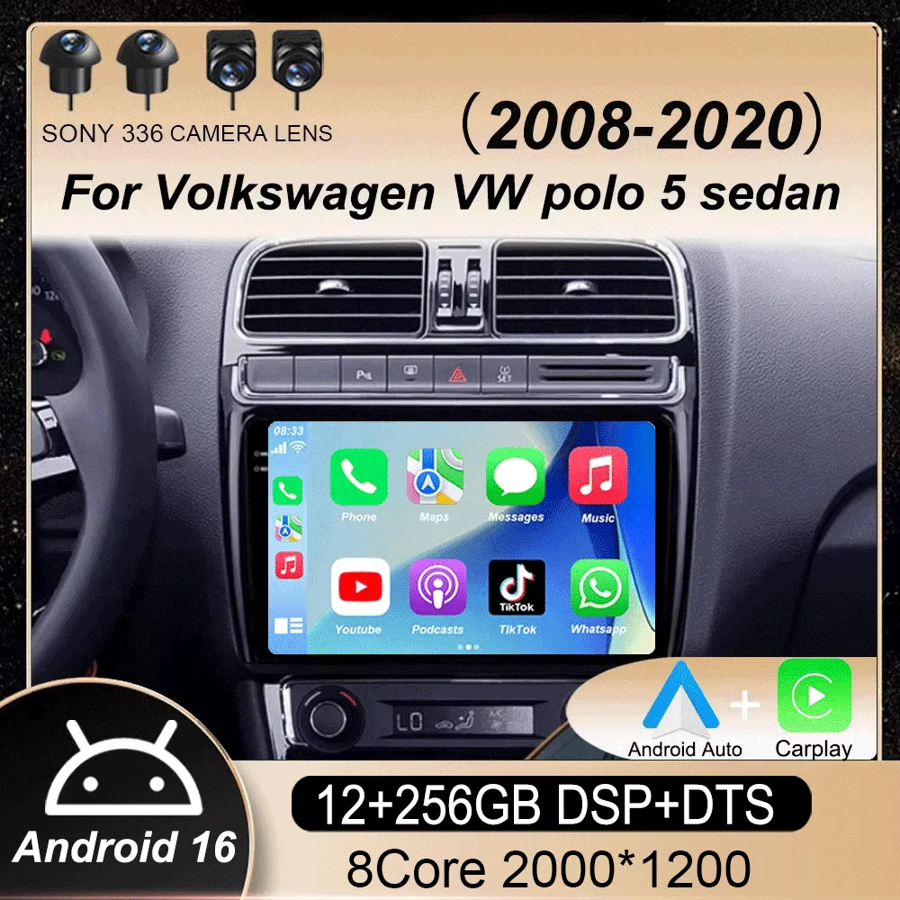 Radio para Auto Android 16 para Volkswagen VW Polo 5 Sedán Reproductor Multimedia Carplay Estéreo GPS DVD Unidad Principal 4G Wifi QLED