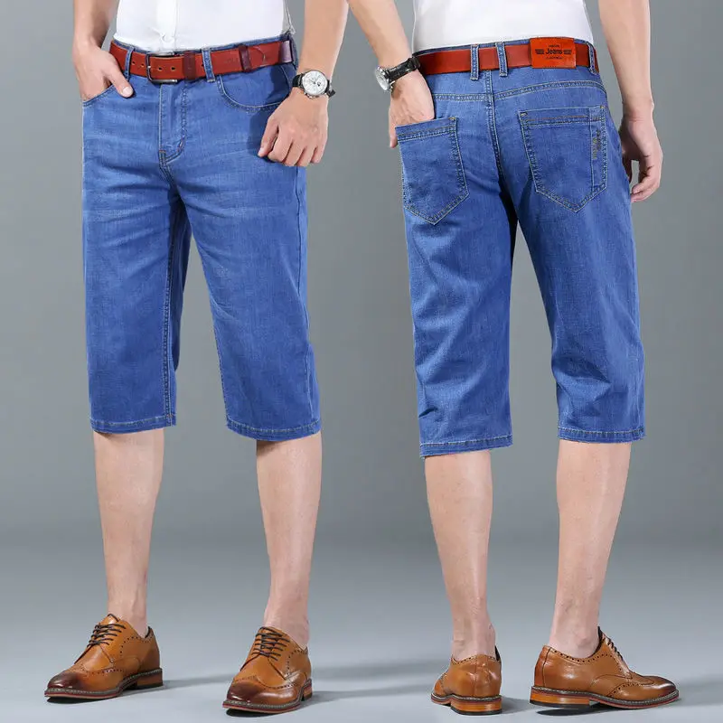 

Summer Thin Stretch Denim Shorts Men's Loose Straight Pants Business Casual Cropped Trousers Cool Breathable Breeches