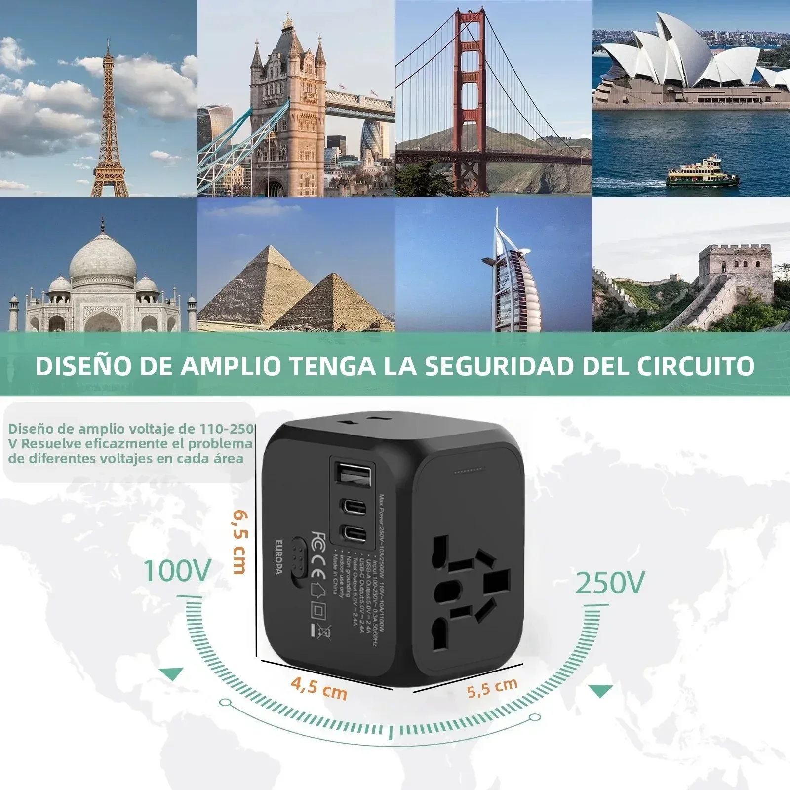 Universal Travel Adapter with USB Type-C and Multi-Plug Outlets